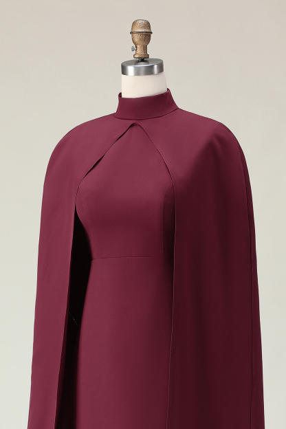 Elegant Burgundy Sheath Midi Formal Dress with Cape