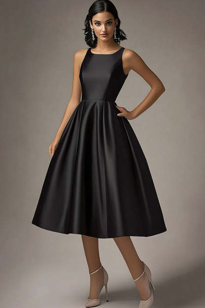 Leely Women Simple Black A Line Knee-Length Formal Dress Scoop Neck Sleeveless Satin Little Black Dress