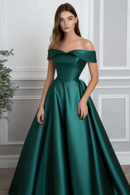 Leely Women Elegant Dark Green Ball Gown Satin Long Formal Dress Off the Shoulder A Line Prom Dress