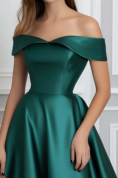 Dark Green Ball Gown Off the Shoulder Satin Long Formal Dress