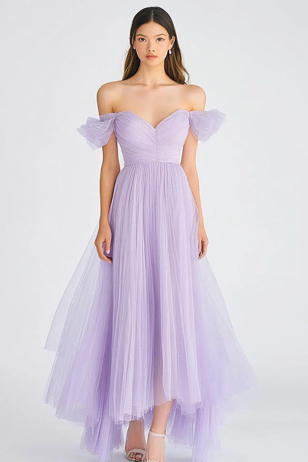 Off the Shoulder Lilac Tulle A Line Pleated Long Formal Dress
