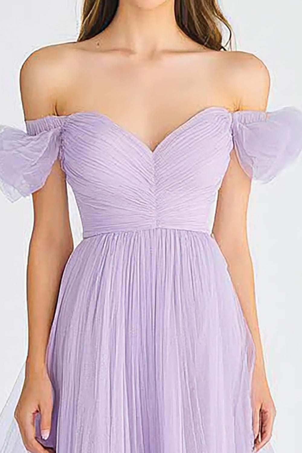 Off the Shoulder Lilac Tulle A Line Pleated Long Formal Dress