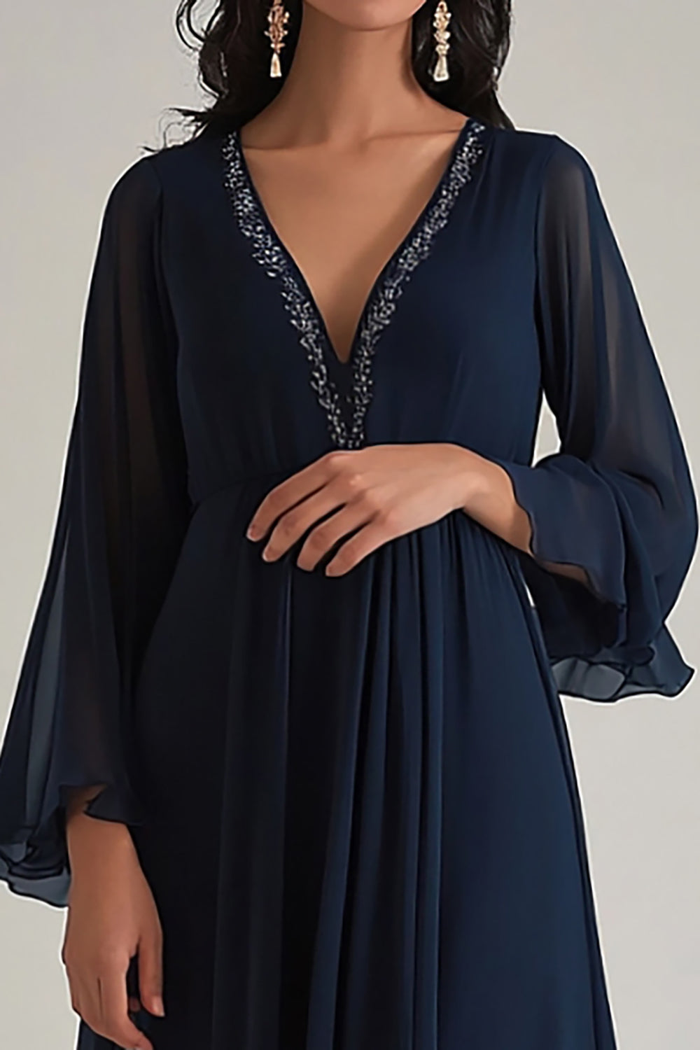 Navy V-Neck Chiffon A Line Long Formal Dress with Ruffles