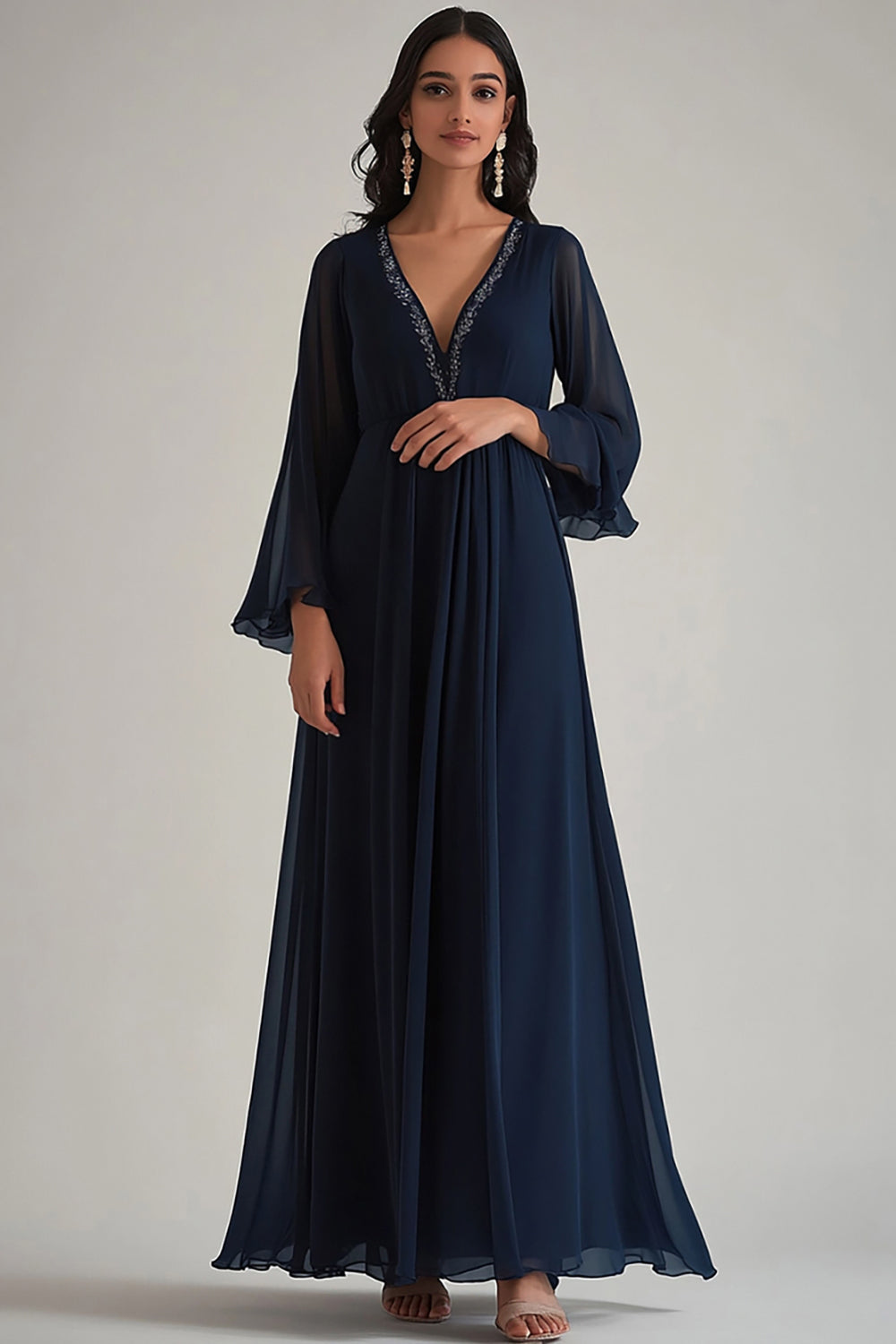 Navy V-Neck Chiffon A Line Long Formal Dress with Ruffles
