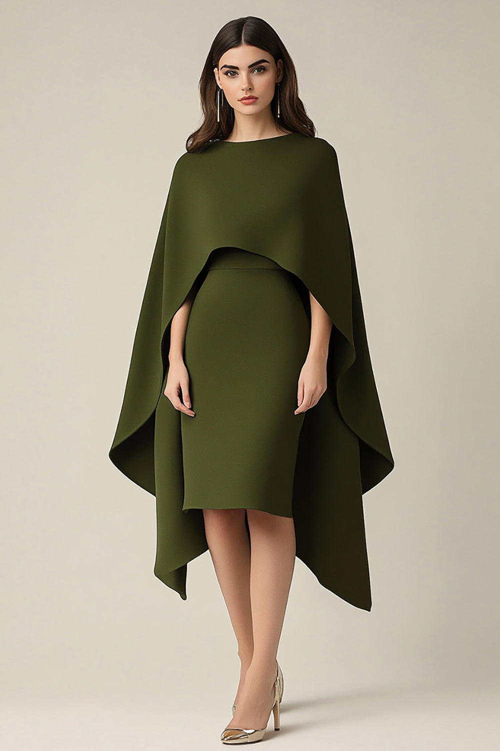 Leely Women Olive Scoop Sheath Knee-Length Formal Dress with Shawl Satin Round Neck Short Black Tie Dress