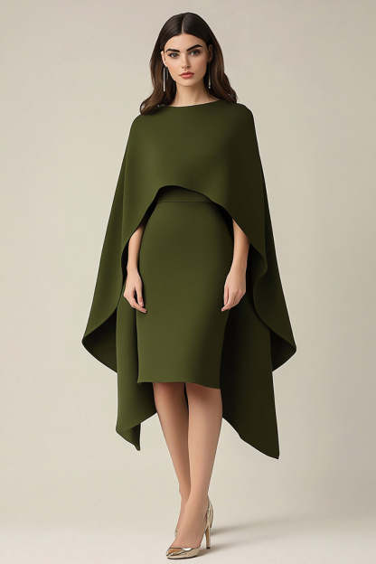 Leely Women Olive Scoop Sheath Knee-Length Formal Dress with Shawl Satin Round Neck Short Black Tie Dress