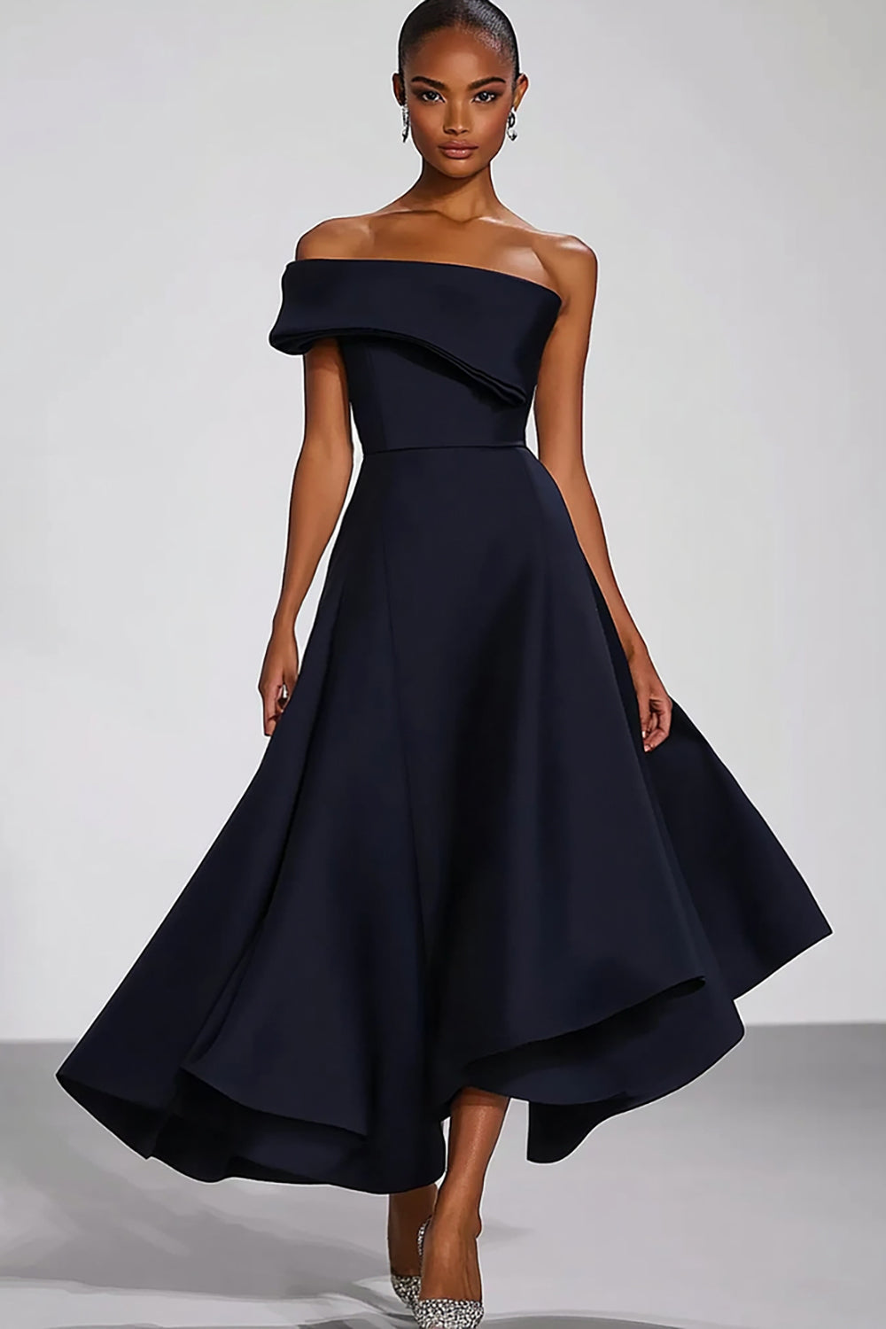Leely Women Navy A Line Asymmetrical Formal Dress Off the Shoulder Satin Military Ball Dress