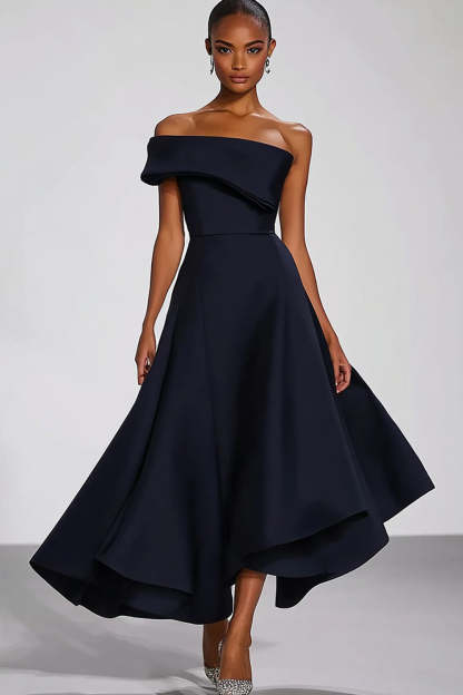 Leely Women Navy A Line Asymmetrical Formal Dress Off the Shoulder Satin Military Ball Dress
