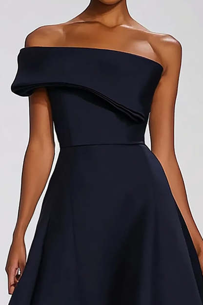 Navy Off the Shoulder A Line Asymmetrical Formal Dress