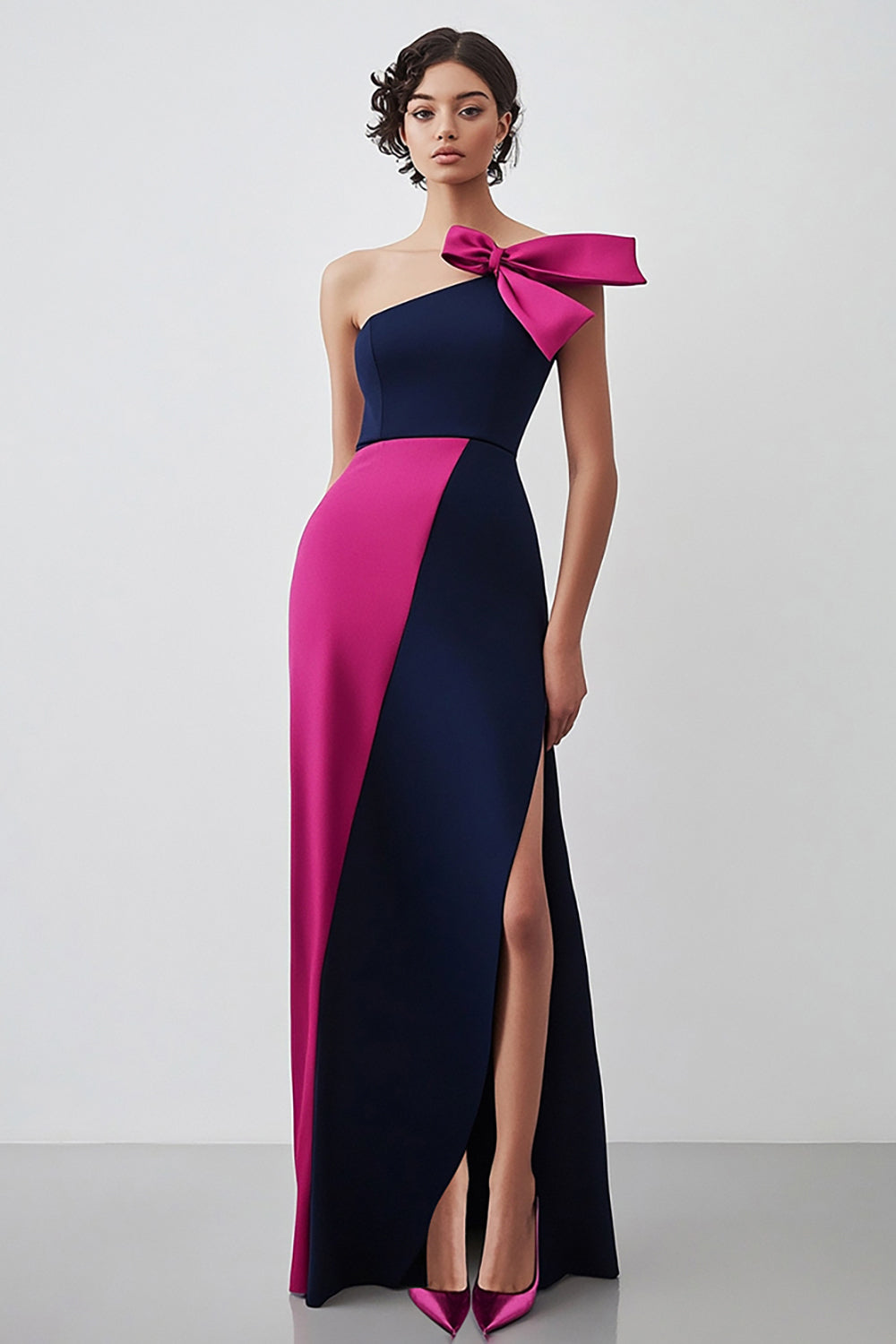 Leely Women Sheath Navy Fuchsia Long Formal Dress with Slit One Shoulder Bowknot Satin Evening Dress