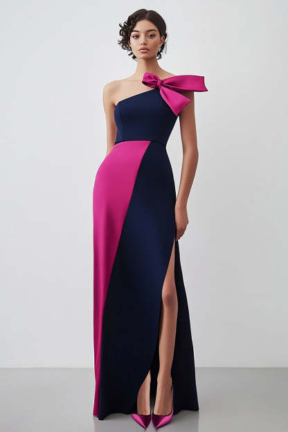 Leely Women Sheath Navy Fuchsia Long Formal Dress with Slit One Shoulder Bowknot Satin Evening Dress