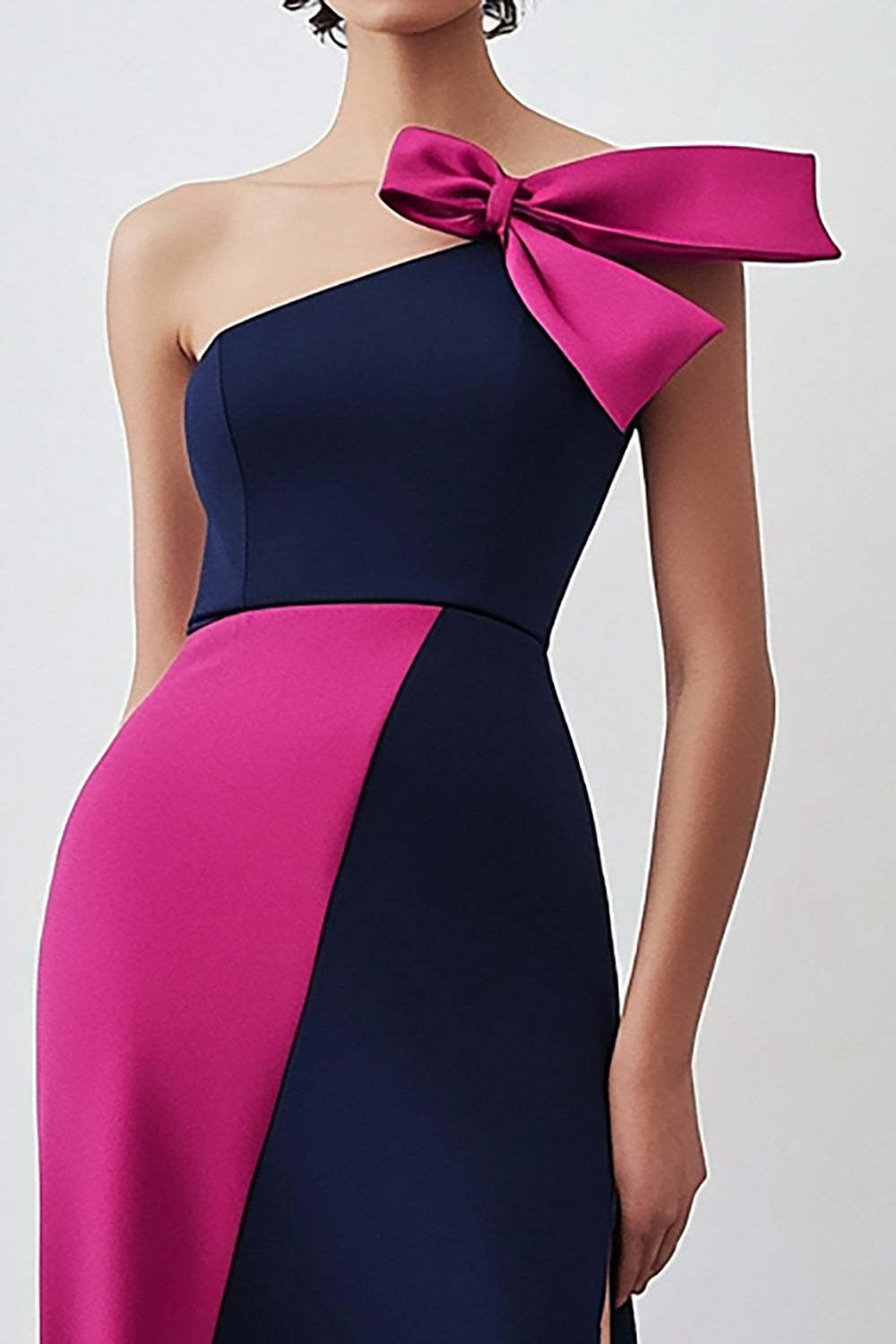 Navy Fuchsia One Shoulder Bowknot Sheath Long Formal Dress with Slit