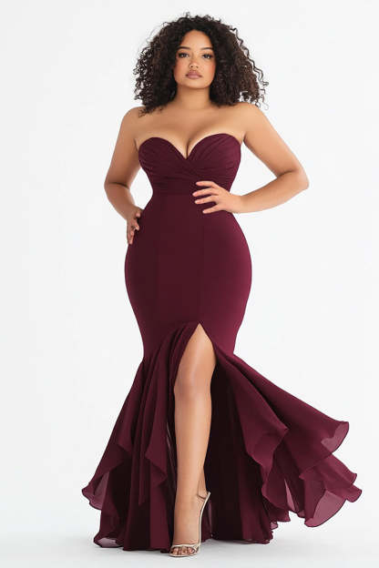 Leely Women Plus Size Burgundy Satin A Line Mermaid Formal Dress with Slit Strapless Sweetheart Wedding Guest Dress