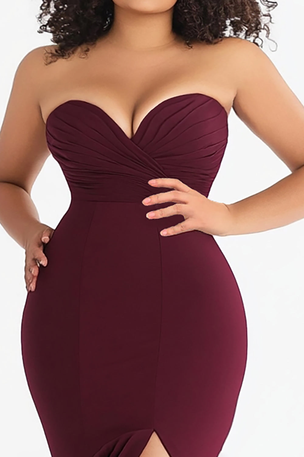 Burgundy Plus Size Strapless Mermaid Sweetheart Formal Dress with Slit