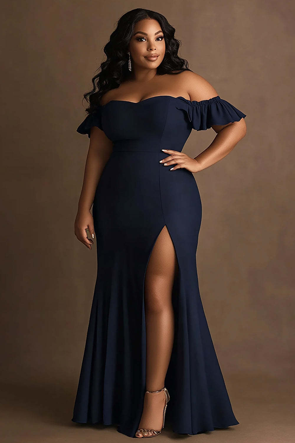 Leely Women Navy Plus Size Satin Sheath Formal Dress with Ruffles Off the Shoulder Wedding Guest Dress with Slit