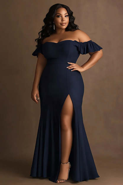Leely Women Navy Plus Size Satin Sheath Formal Dress with Ruffles Off the Shoulder Wedding Guest Dress with Slit