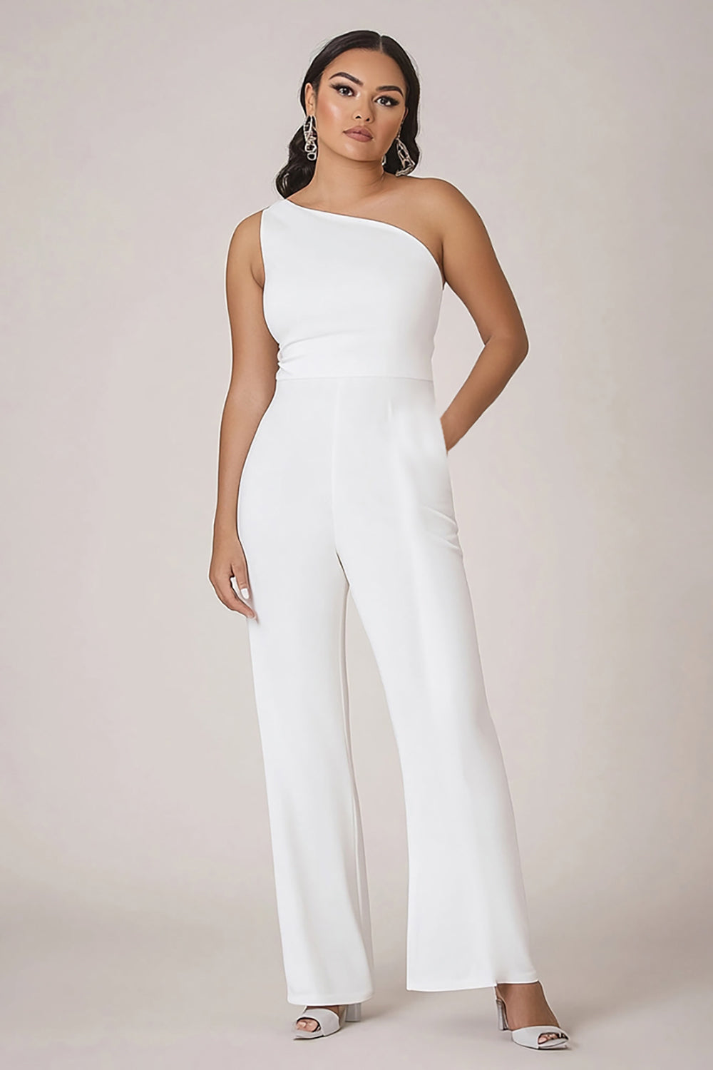 Leely Women White Plus Size Formal Jumpsuit with Pockets One Shoulder Long Crepe Evening Jumpsuit