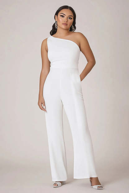 Leely Women White Plus Size Formal Jumpsuit with Pockets One Shoulder Long Crepe Evening Jumpsuit
