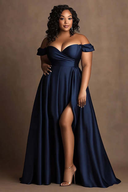 Leely Women Navy Plus Size Long Satin Formal Dress with Slit Sweetheart Off the Shoulder A Line Wedding Guest Dress