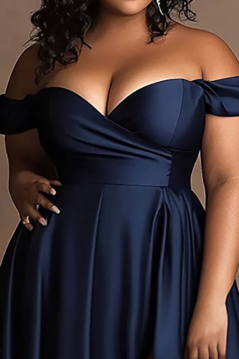 Navy Plus Size Off the Shoulder Long Satin A Line Formal Dress with Slit