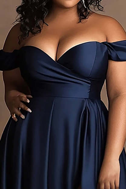 Navy Plus Size Off the Shoulder Long Satin A Line Formal Dress with Slit