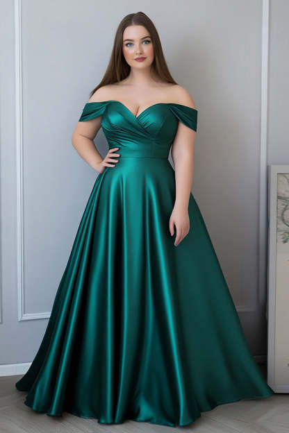 Leely Women Dark Green A Line Plus Size Long Satin Formal Dress Sweetheart Off the Shoulder Prom Dress