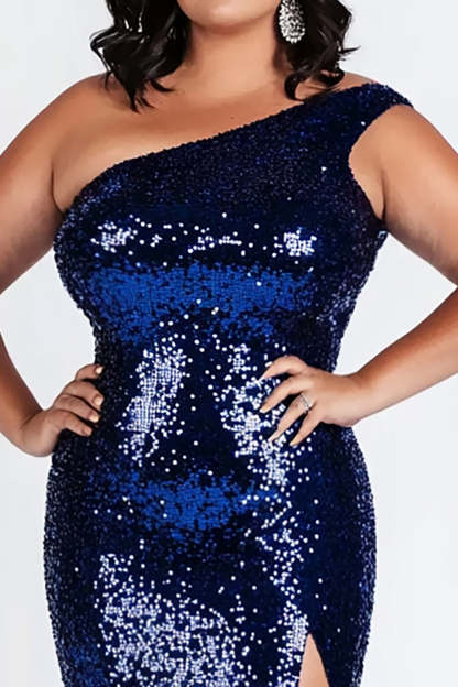 Sparkly Dark Blue Plus Size One Shoulder Sequined Formal Dress with Slit