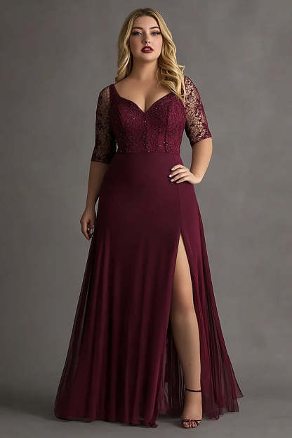 Leely Women Burgundy Plus Size A Line Formal Dress with Slit Lace Half Sleeves Long Wedding Guest Dress