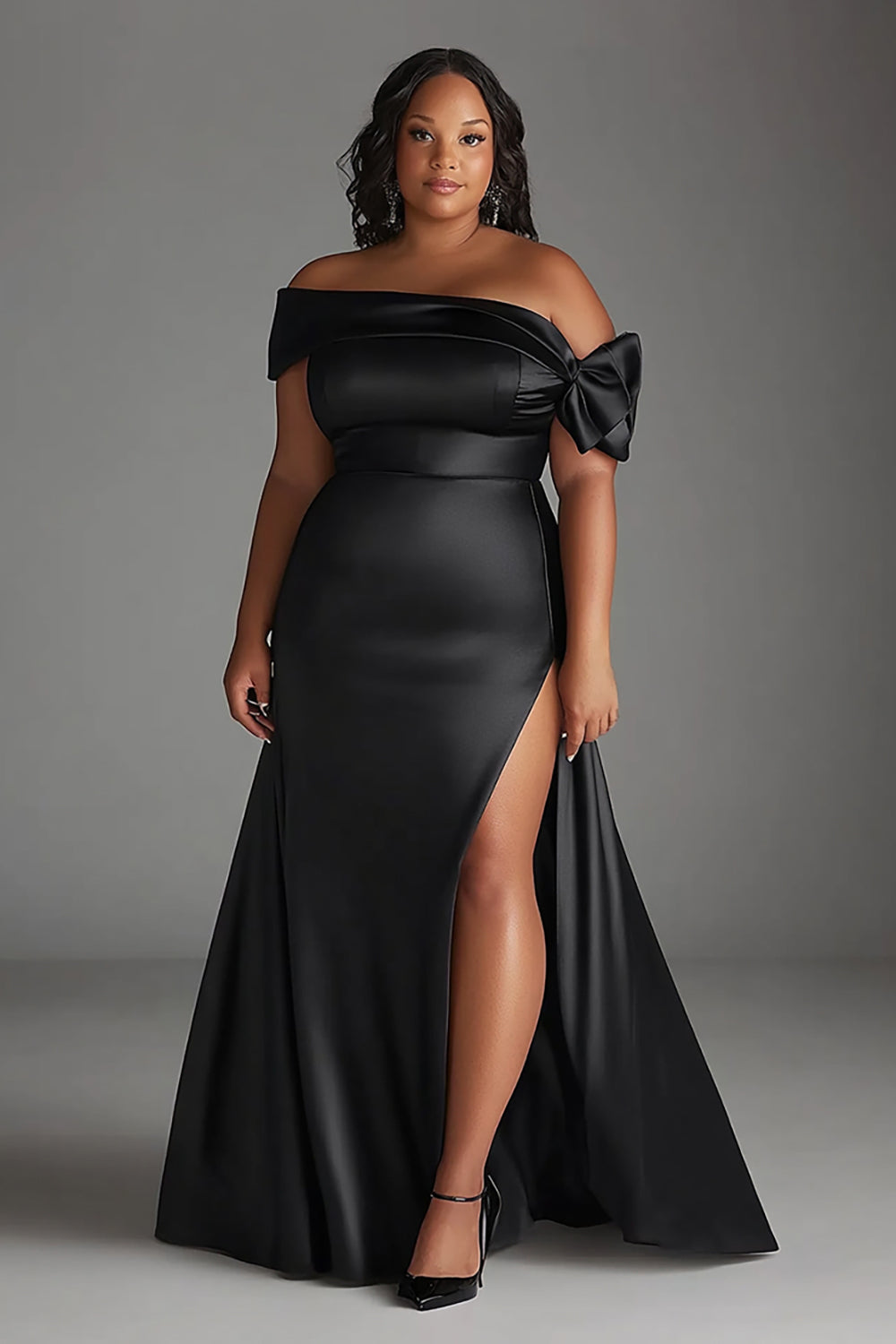 Black Off the Shoulder Long Satin Plus Size Formal Dress with Slit