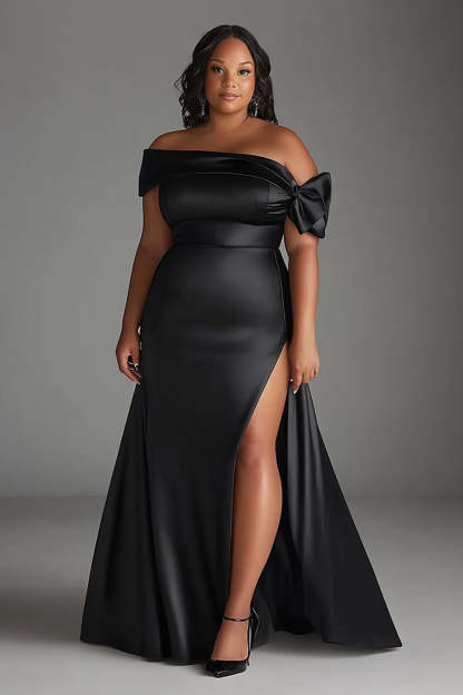 Leely Women Black Plus Size Long Satin A Line Formal Dress with Slit Off the Shoulder Bowknot Black Tie Dress