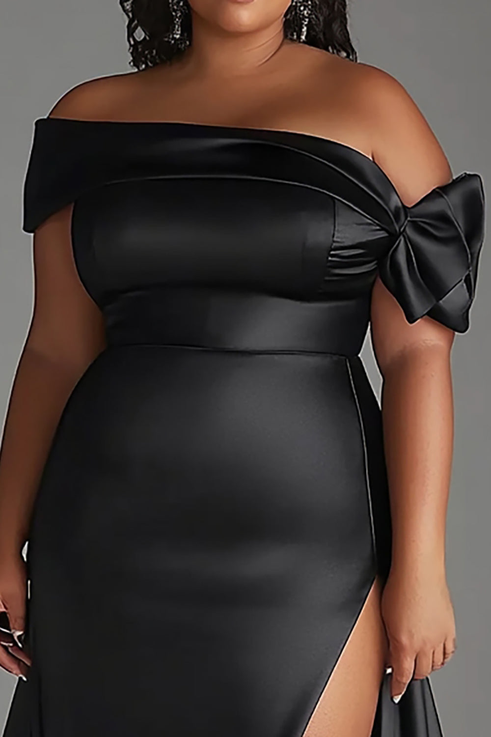 Black Off the Shoulder Long Satin Plus Size Formal Dress with Slit