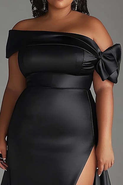 Black Off the Shoulder Long Satin Plus Size Formal Dress with Slit