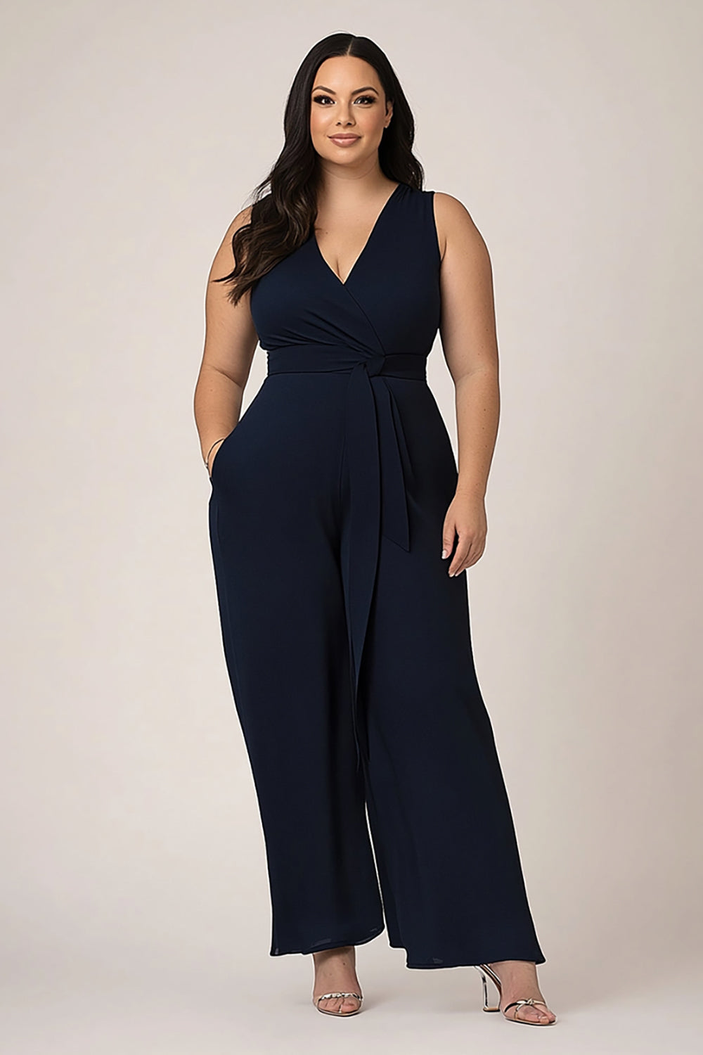 Leely Women Simple Navy Plus Size Chiffon Formal Jumpsuit V-Neck Sleeveless Long Wedding Guest Jumpsuit