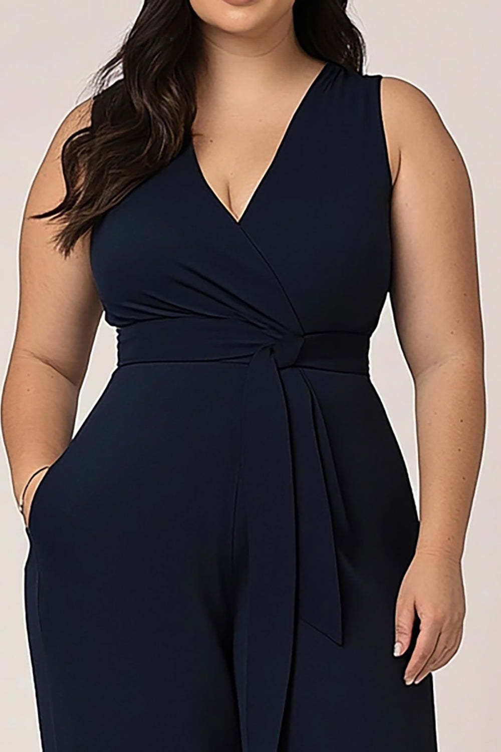 Simple Navy Plus Size V-Neck Long Formal Jumpsuit