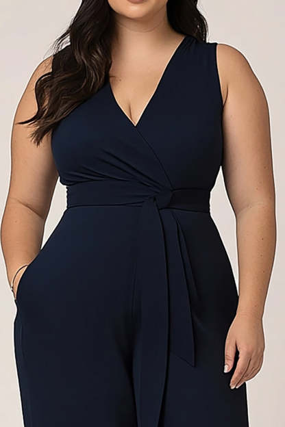Simple Navy Plus Size V-Neck Long Formal Jumpsuit