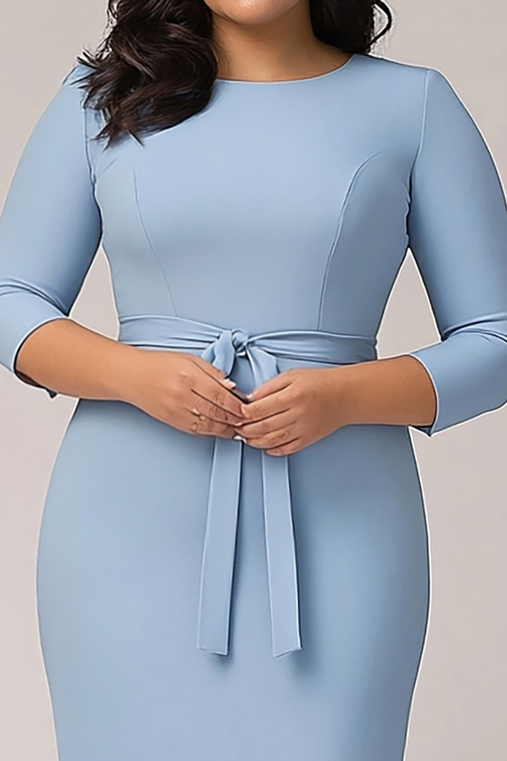 Sky Blue Plus Size Knee Length Crepe Formal Dress with Sash