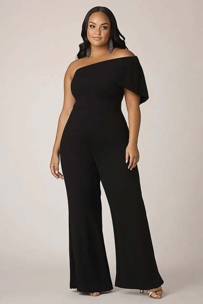Leely Women Black Plus Size Crepe Formal Jumpsuit One Shoulder Long Black Tie Jumpsuit