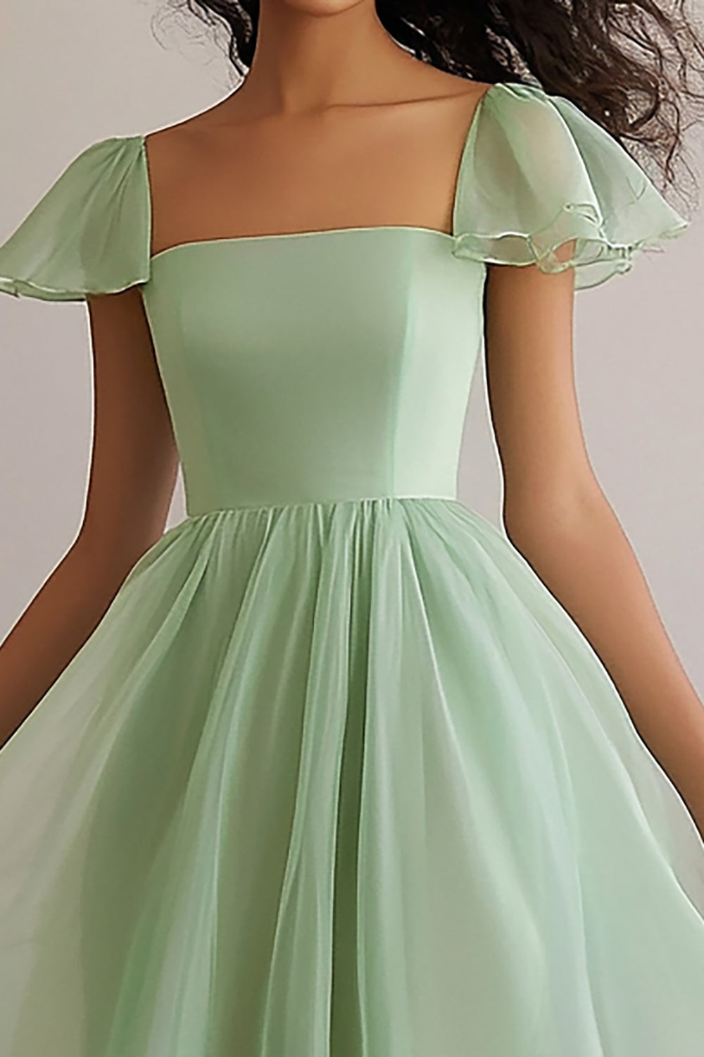 A Line Light Green Square Neck Cap Sleeves Long Formal Dress
