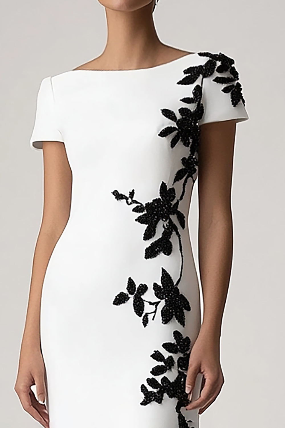 Appliqued Short Sleeves White Sheath Long Formal Dress