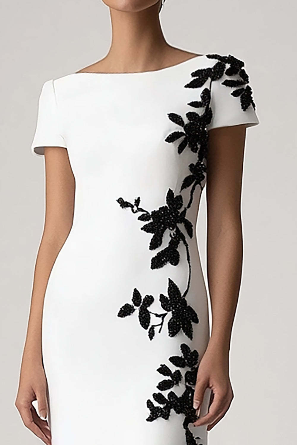 Appliqued Short Sleeves White Sheath Long Formal Dress