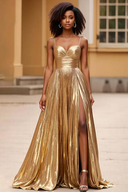 Leely Women Metallic Gold A Line Sweetheart Long Prom Dress with Slit Spaghetti Straps Pleated Backless Evening Dress