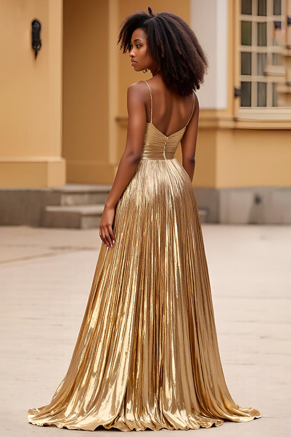 Metallic Pleated Gold A Line Sweetheart Long Prom Dress with Slit
