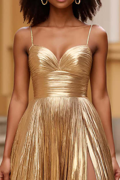 Metallic Pleated Gold A Line Sweetheart Long Prom Dress with Slit