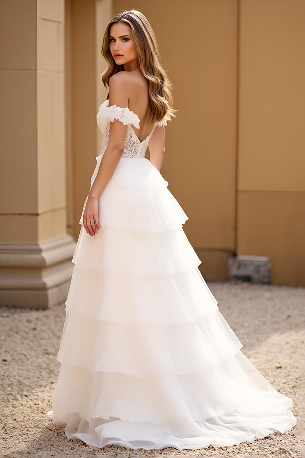 White A Line Off the Shoulder Lace Tiered Long Prom Dress with Slit