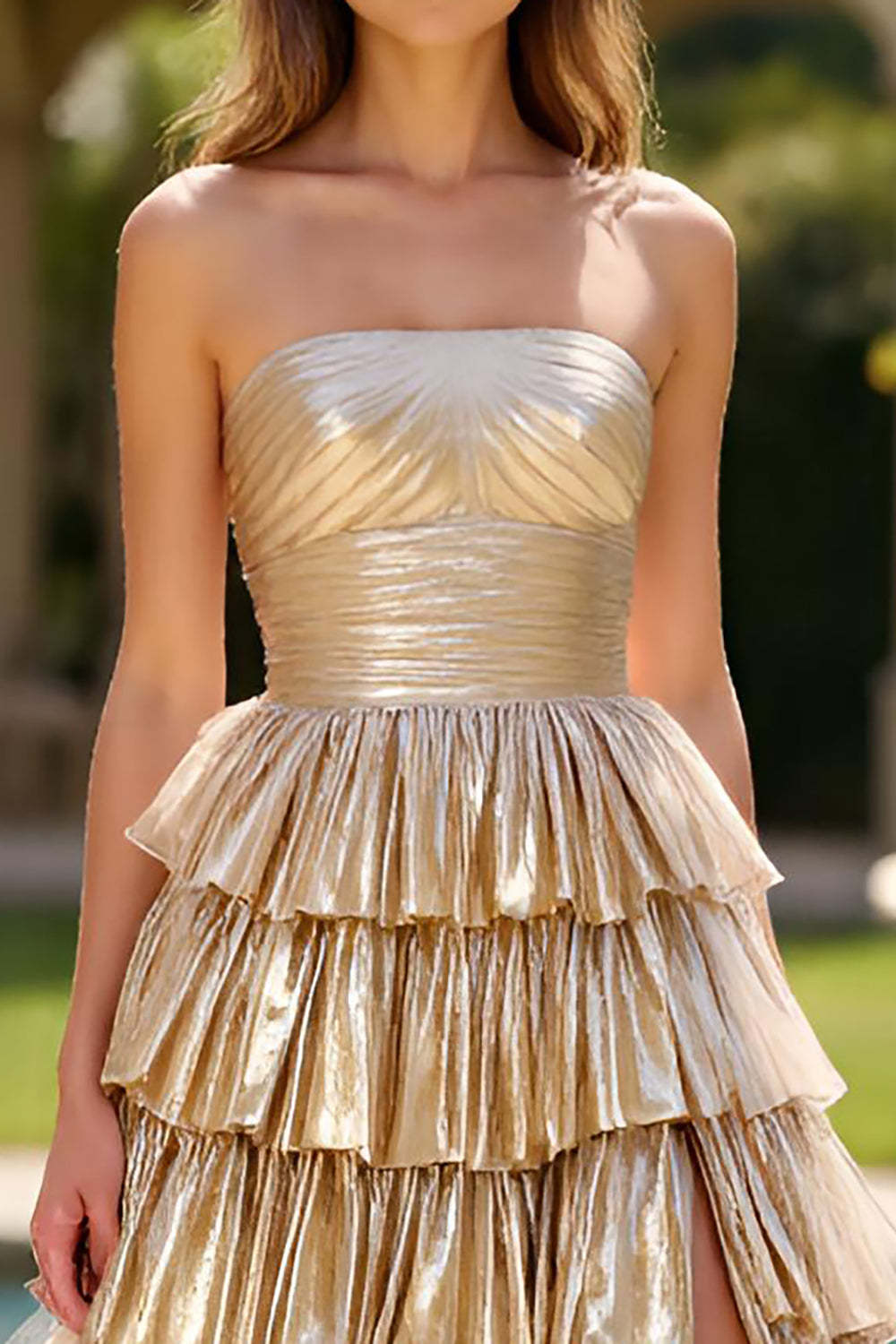 Metallic Gold Strapless Tiered Ball Gown Long Prom Dress with Slit