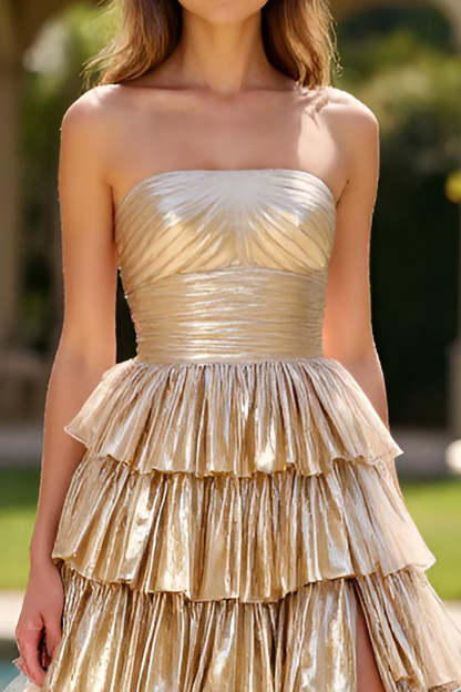 Metallic Gold Strapless Tiered Ball Gown Long Prom Dress with Slit