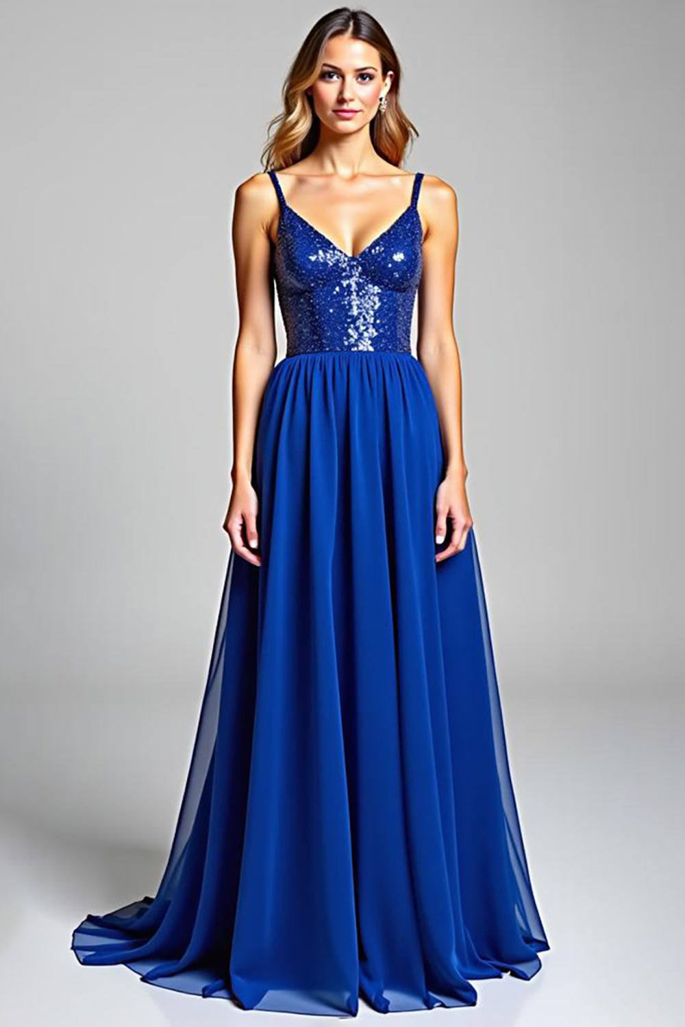 Sparkly Royal Blue Chiffon V-Neck A Line Long Prom Dress