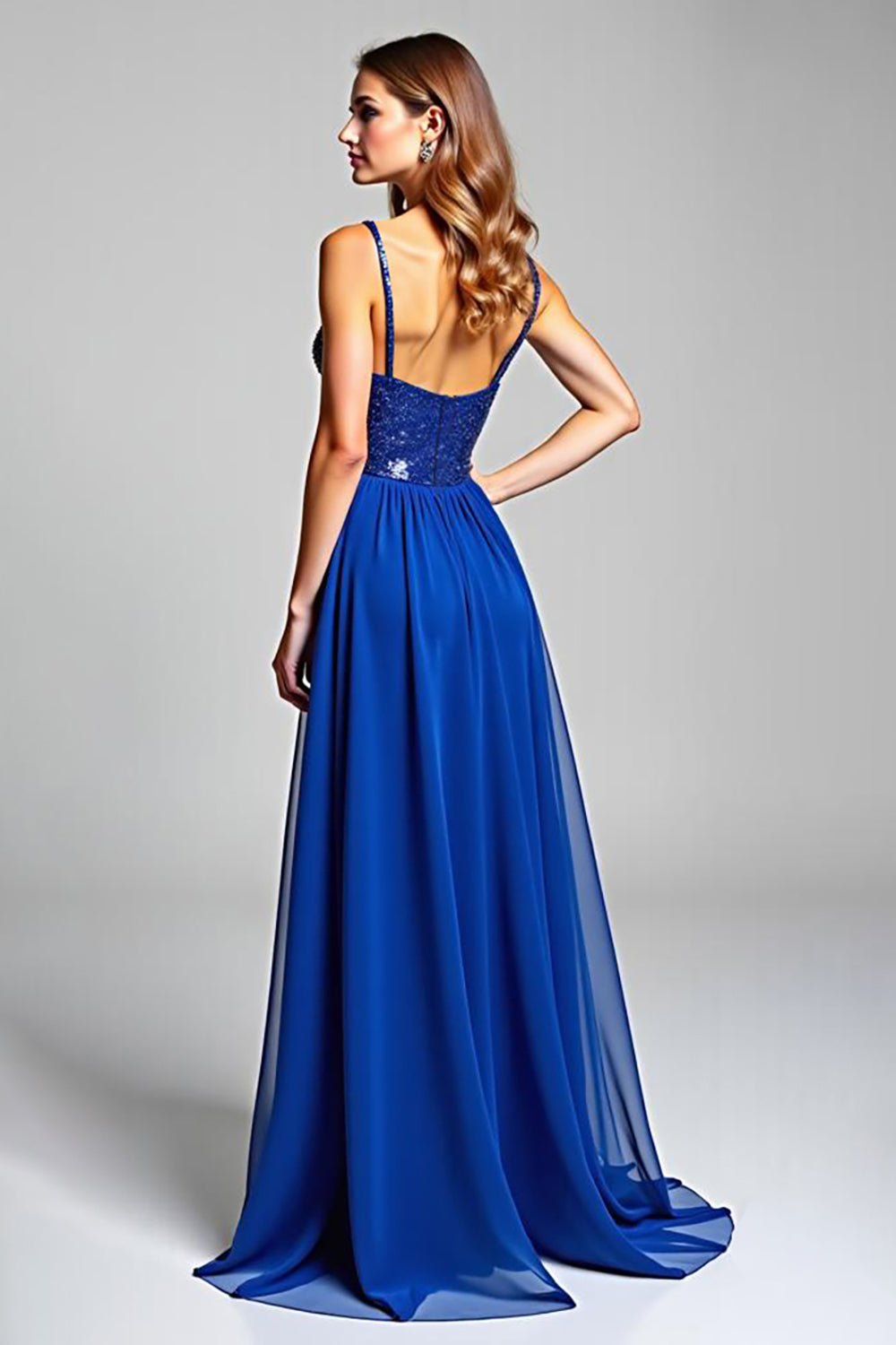 Sparkly Royal Blue Chiffon V-Neck A Line Long Prom Dress