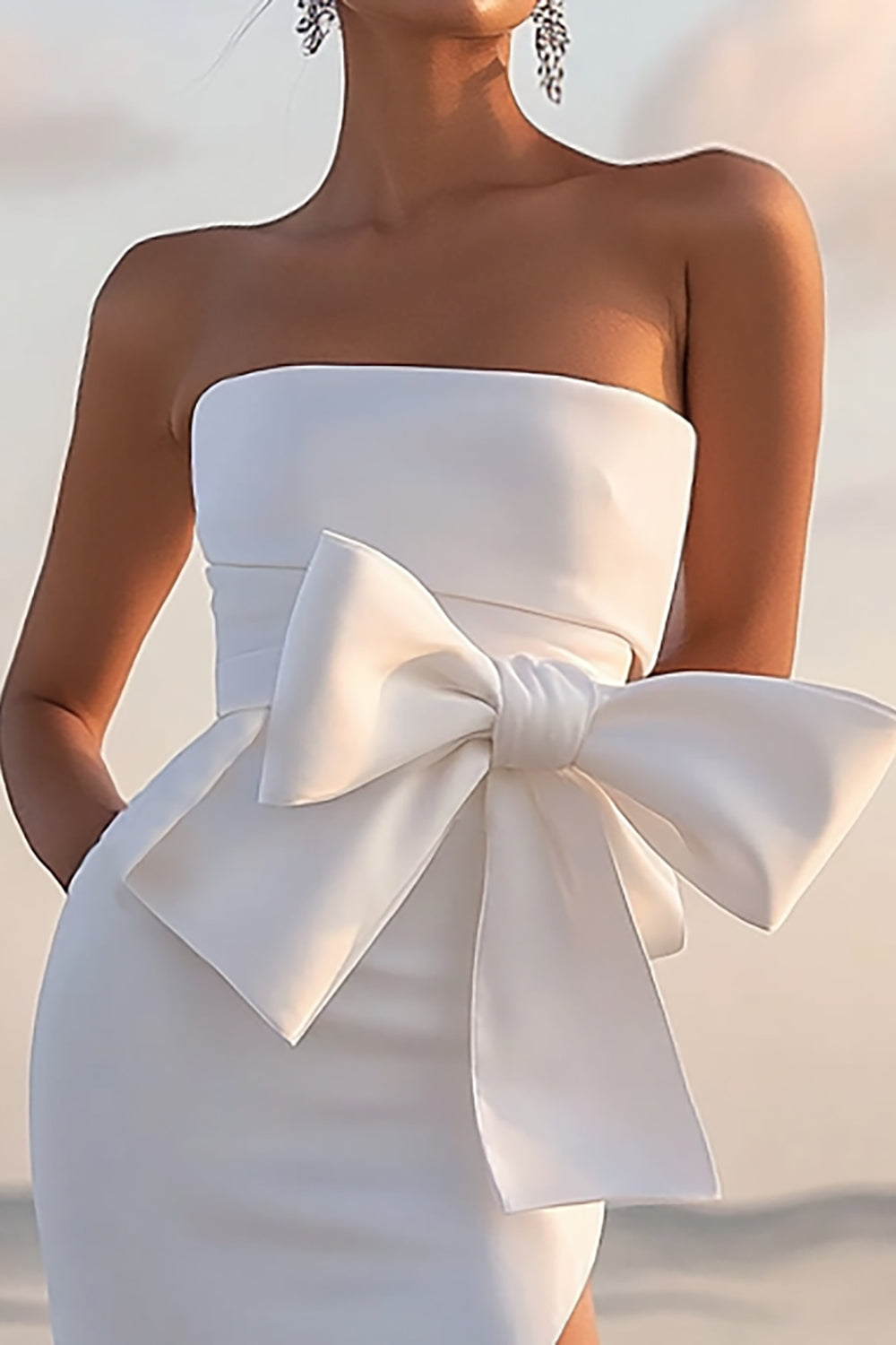 White Sheath Satin Strapless Bowknot Tea Length Graduation Dress with Slit