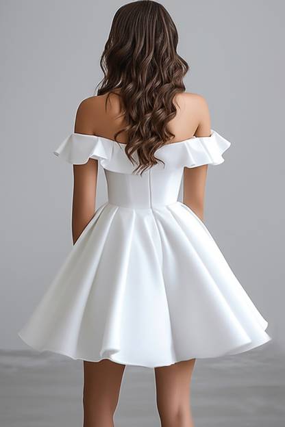 A Line Satin Off the Shoulder White Short Graduation Dress with Ruffles